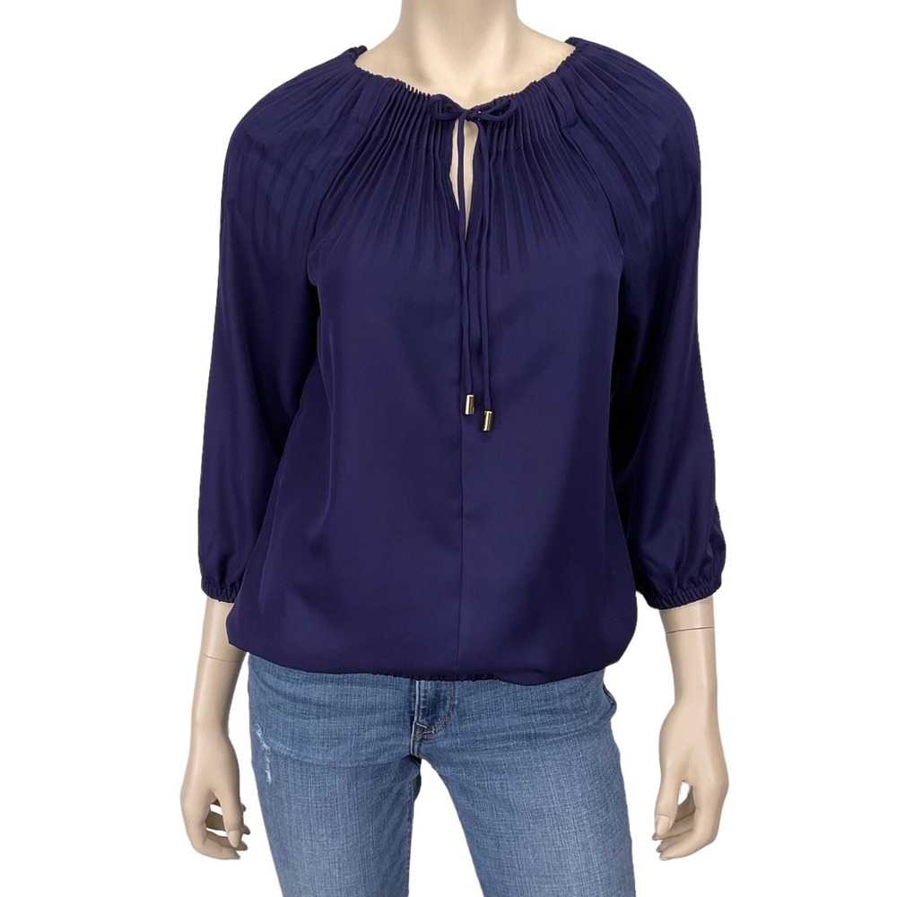 The Limited Blouse Women‎ Small Purple 3/4 Sleeve Pleated Tie Top NWT